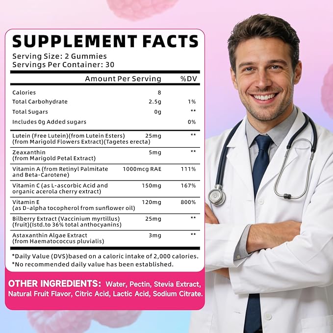 Lutein and Zeaxanthin Supplements, Lutein Gummies with Zeaxanthin,Vitamins A, C, E, Bilberry, Astaxanthin for Vision Health & Eye Strain, Sugar-Free/Vegan, Raspberry Flavor 120 Count