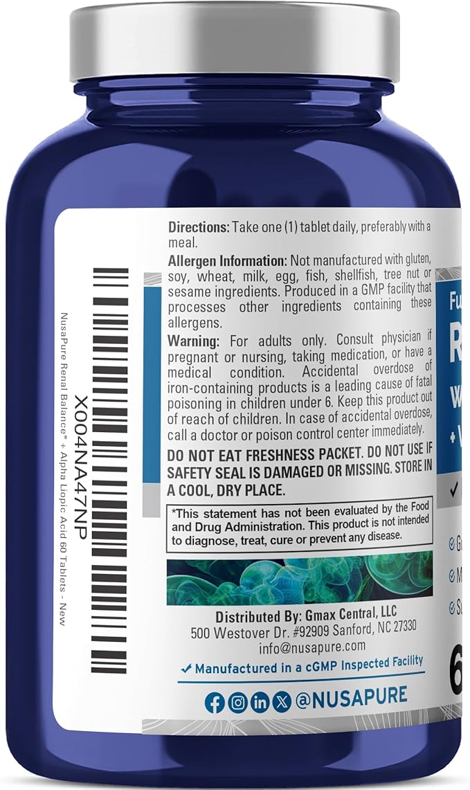 NusaPure Renal Balance with Alpha Liopic Acid Vitamin & Mineral Vegetarians, Non-GMO Per 60 Tablets
