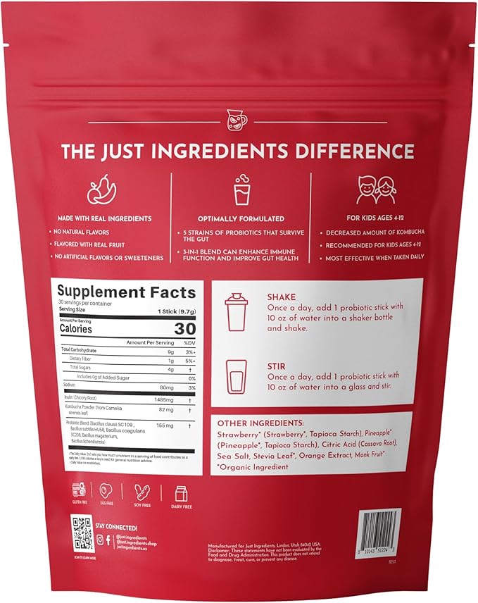JUST INGREDIENTS Kids Probiotic Drink Mix - Fruit Punch, Prebiotic & Postbiotic, Gut & Immune Support