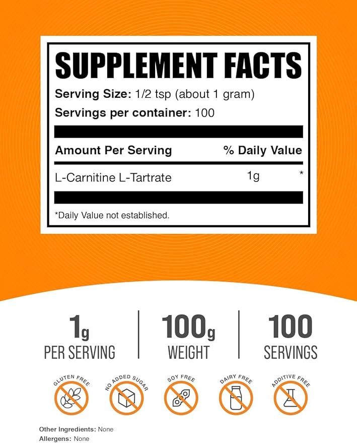 BulkSupplements.com L-Carnitine Tartrate Powder - Amino Acid Powder, Carnitine Supplement - Unflavored & Gluten Free, 1g per Serving, 100g (3.5 oz) (Pack of 1)