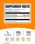 BulkSupplements.com L-Carnitine Tartrate Powder - Amino Acid Powder, Carnitine Supplement - Unflavored & Gluten Free, 1g per Serving, 100g (3.5 oz) (Pack of 1)
