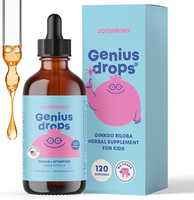 JoySpring Genius Drops - Organic Focus Drops for Kids | Clinically Proven Focus Supplement Helps Kids Perform Better in School | Liquid Herbal Supplement with Ginkgo Biloba | 120 Servings