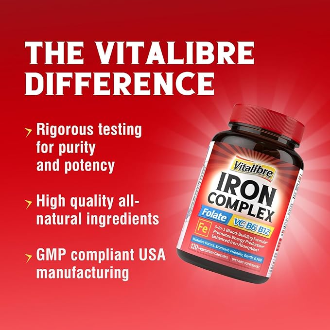 Iron Supplement for Women & Men, with Vitamins C, B6, B12 & Folate for Iron Deficiency, Blood Building & Energy Support, Stomach Friendly, Better Absorption, Non-GMO,No Gluten,120 Vegan Caps