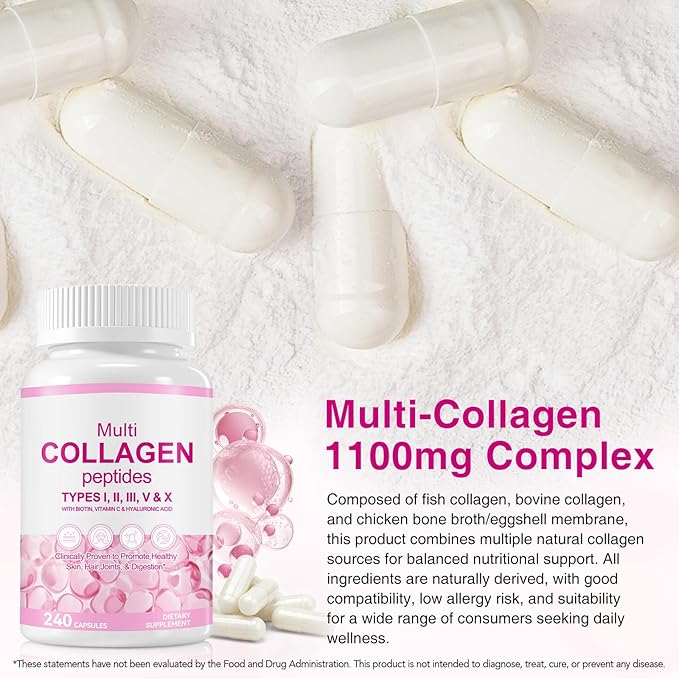 Multi Collagen Peptides Capsules, 240Pcs, Type I,II，V, X for Healthy Skin, Bone, Joint, Hair, Nail|Hydrolyzed Collagen Peptides, Easy Digestion, Unflavored for Women & Men