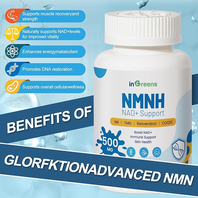 inGreens 500mg NMNH, NMN Supplement Alternative with NR, TMG, Resveratrol, COQ10, NAD Supplement, Anti Aging, Energy, Boost NAD+ Levels, 60 Capsules