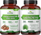 Zazzee Saw Palmetto and French Maritime Pine Bark Extract Capsules | 20:1 Saw Palmetto Extract Plus French Pine Bark | Prostate Support Bundle
