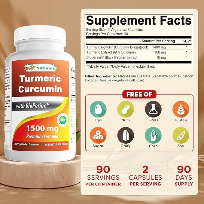 Best Naturals Turmeric Curcumin 1500mg/Serving with Bioperine - 180 Veggie Capsules (Pack of 2)