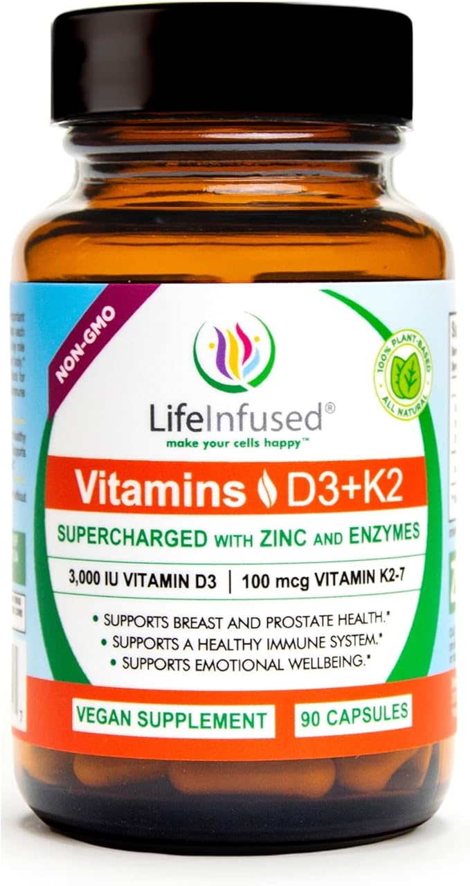 Life Infused Vitamin D3 + K2 Supplement with Zinc & Enzymes — 3000 IU D3, MK-7 K2, Immune & Bone Support, Enhanced Absorption, Non-GMO Vegan Capsules, 90 Count