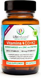 Life Infused Vitamin D3 + K2 Supplement with Zinc & Enzymes — 3000 IU D3, MK-7 K2, Immune & Bone Support, Enhanced Absorption, Non-GMO Vegan Capsules, 90 Count
