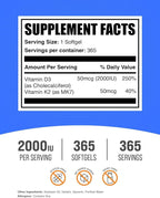 BulkSupplements.com Vitamin D3 + Vitamin K2 Softgels - D3, K2, Vitamin Supplement - Gluten Free, 1 Softgel per Serving (2000IU), 365 Count (Pack of 1)