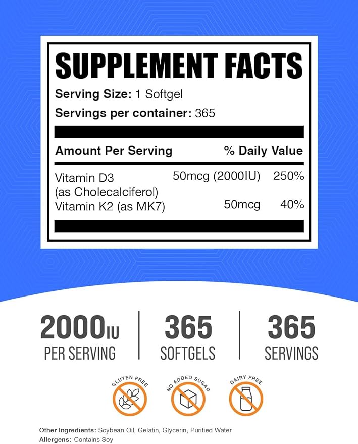 BulkSupplements.com Vitamin D3 + Vitamin K2 Softgels - D3, K2, Vitamin Supplement - Gluten Free, 1 Softgel per Serving (2000IU), 365 Count (Pack of 1)