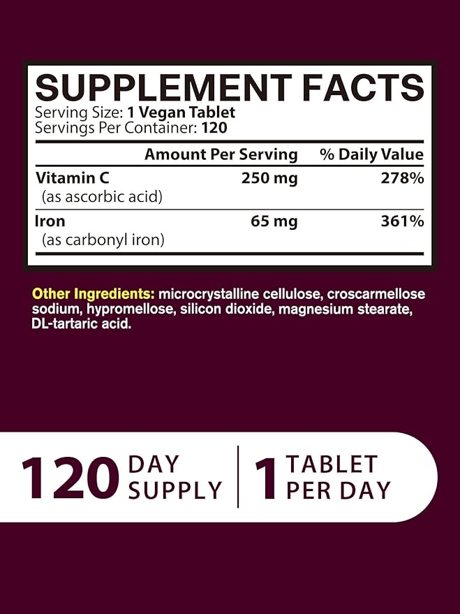 Iron Supplement for Women Men, High Potency Iron 65mg with Vitamin C 250mg, Stomach Friendly Iron Pills for Red Blood Cell & Immune Support, Vegan, Non-GMO & Gluten Free,120 Vegan Tablets