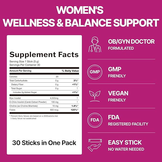 Balance Up Inositol 40:1 Myo & D-Chiro with Folate(Vitamin B9) & Choline – Hormone Balance & Reproductive Health Support for Women – Lemon Lime Stick Powder, 30 Servings