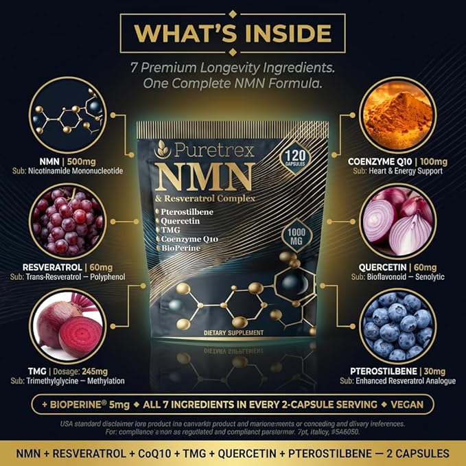 NMN & Resveratrol Complex, 1000mg, 120 Capsules, Dietary Supplement with Pterostilbene, Quercetin, TMG, Coenzyme Q10, BioPerine
