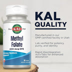 KAL Methyl Folate 400 mcg DFE, 5-MTHF Active Form Vitamin B9, Folic Acid Supplement, Heart Health, Prenatal, Mood and Brain Support, Fast Dissolving ActivTab, 60-Day Guarantee, 90 Servings, 90 Tablets