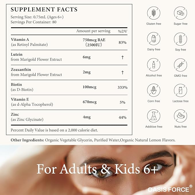6 in 1 Vitamin A Liquid Drops with Lutein & Zeaxanthin, Vita A Retinyl Palmitate for Skin, Vision & Immune Support, Adults & Kids Ages 6+, Vegan, Non-GMO, 2 Fl Oz