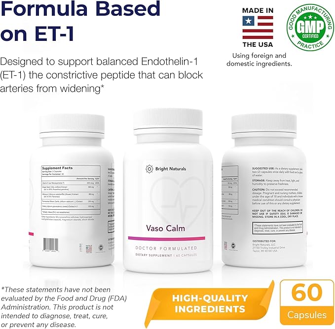 Vaso Calm - Healthy Blood Balance Supplement - Features Fermented Garlic, Celery and Grape Seed Extract, Hibiscus, and Vitamin K2 - Made in the USA, 60 Capsules