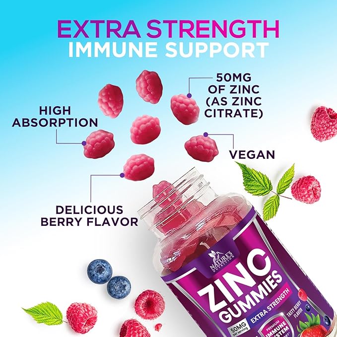 Zinc Gummies - 50mg Zinc Per Serving Immune Skin & Bone Support Health Gummy - Premium Antioxidant Chewable, High Absorption Vegan, Best Supplements Vitamin for Adults, Tasty Berry Flavor, 120 Gummies