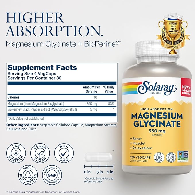 SOLARAY Magnesium Glycinate and Vitamin D3 K2 Bundle - High Absorption Chelated Magnesium Bisglycinate and 5000 IU Vitamin D - 120 VegCaps (30 Servings) of Magnesium, 60 VegCaps (60 Servings) of D3 K2