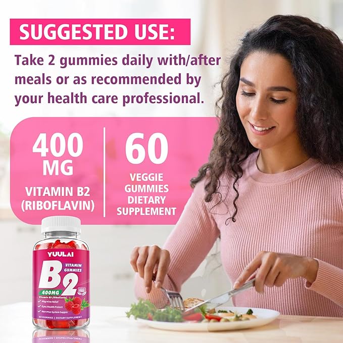 Pack of Vitamin B2 Gummies 400mg | Riboflavin Supplement with Magnesium for Kids & Adults, B2 Gummies for Migraine Relief, Nervous System & Skin Health, Vegan, Sugar-Free, Raspberry Flavor, 120 Count