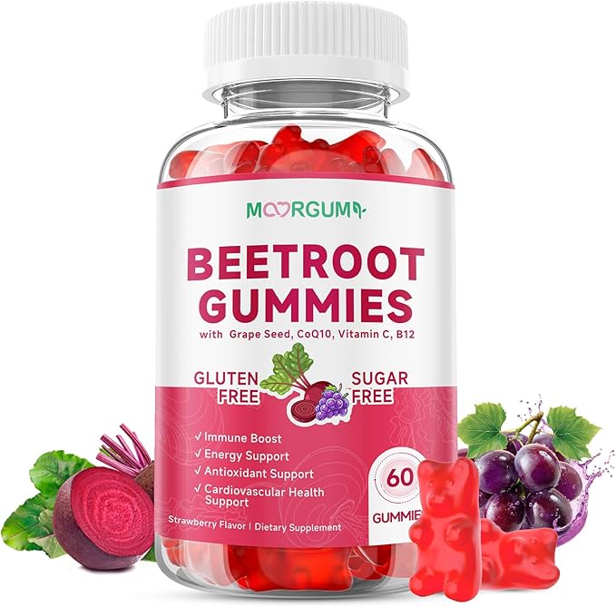 Beetroot Gummies with Grape Seed, Niacin, CoQ10, Vitamin C, B12, L-Citrulline & L-Arginine, Antioxidant Support, Sugar-Free Beet Root Supplement for Women & Men, 60 Count