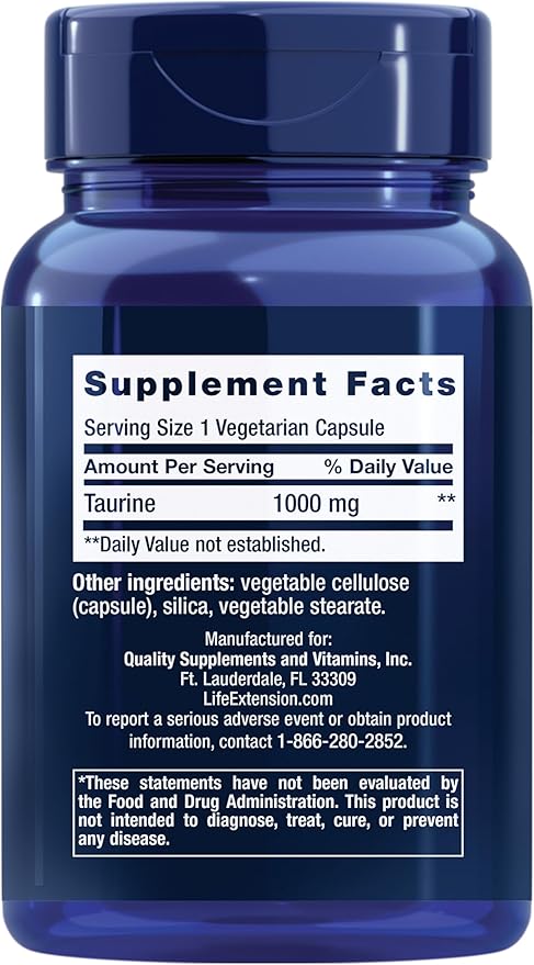 Life Extension Taurine, Pure Taurine Amino Acid Supplement, Heart, Liver and Brain Health, Longevity, Muscle and Exercise, 1000 mg dose, Non-GMO, Gluten-Free, Vegetarian, 90 Vegetarian Capsules