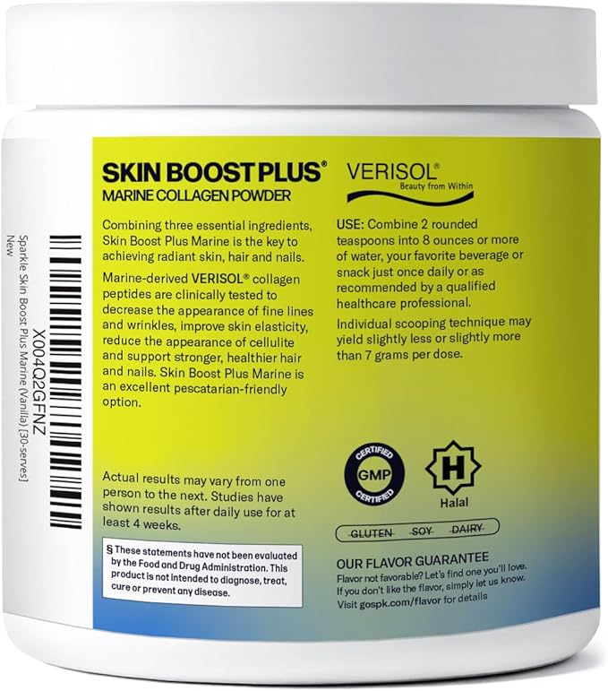 Sparkle Wellness Marine-derived VERISOL Bioactive Hydrolyzed Collagen Peptides | Collagen Powder Supplement with Vitamin C & Hyaluronic Acid | Marine Skin Boost Plus (Vanilla) [30-Serves]