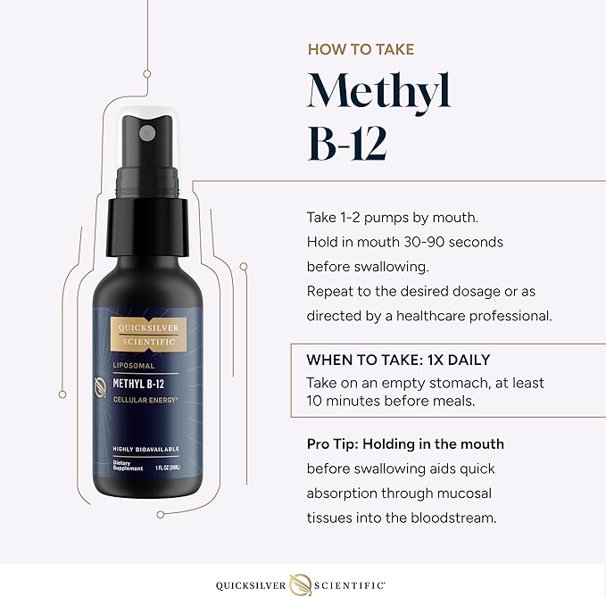 Quicksilver Scientific Methyl B12-1000mcg Vitamin B12 as Methylcobalamin - with Nano Technology for Superior Absorption - Supportive Energy Supplement (30ml / 90 Servings)