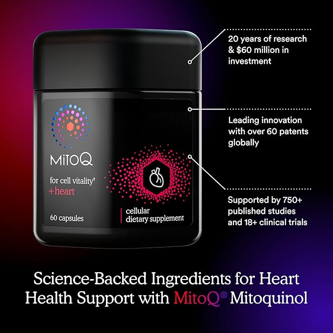 MitoQ +Heart Premium CoQ10 Antioxidant - Contains Mitoquinol Mesylate, Magnesium, L-Carnitine & Vitamin D3 - Supports Cardiovascular and Circulatory Health, & Cell Vitality (180 Capsules)