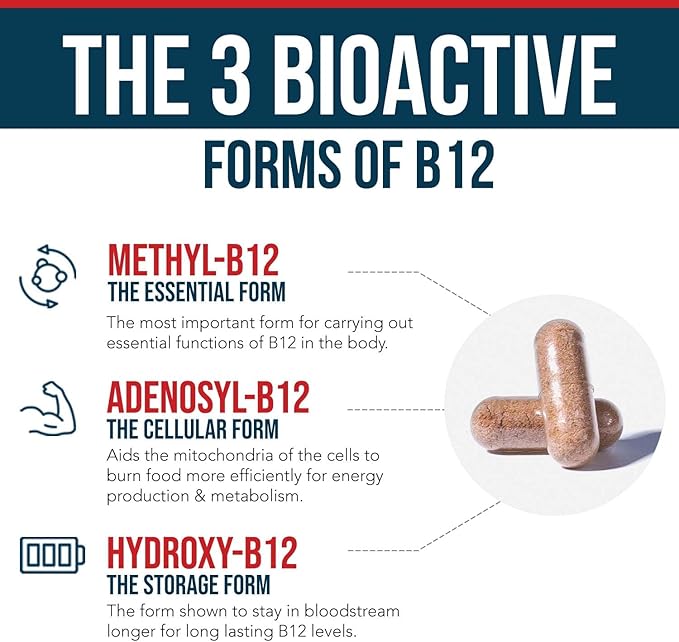 BioActive Vitamin B12 - 1000 mcg, Contains All 3 Coenzyme Forms (Methyl, Adenosyl & Hydroxy) Plus Methylfolate Cofactor | Supports Energy, Metabolism & Mood | Vegan, Non-GMO (60 Servings)