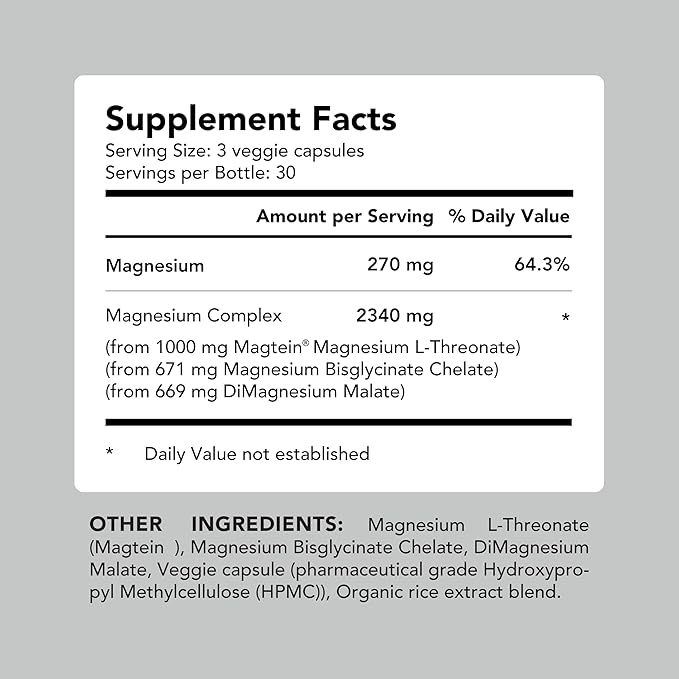 AMANDEAN Magtein Magnesium Complex. L-Threonate, Glycinate, Malate Triple Blend Chelated Magnesium Supplement. 90 Veggie Capsules. High Absorption Branded Ingredients. Brain Health, Sleep, Calm*.