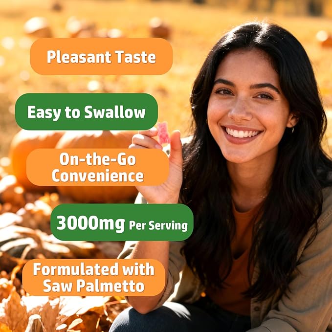 Pumpkin Seed Oil Gummies with Saw Palmetto, Pumpkin Seed Oil for Hair and Skin Health, Pumpkin Seed Extract for Women Men, Sugar-Free, Raspberry Flavor, 60 Count