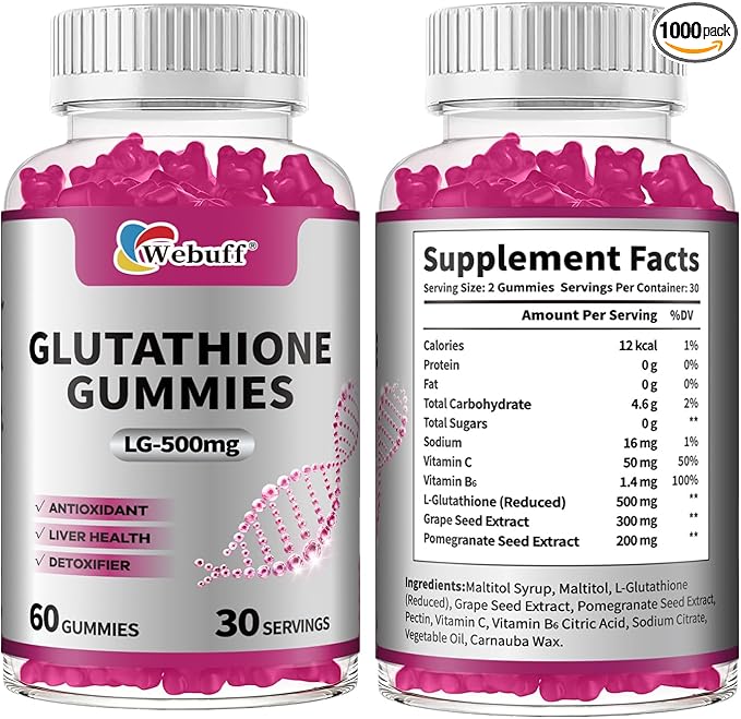 Glutathione Gummies with Collagen 500mg Vitamin C & B6 Skin Glow Hair & Nail Support Anti-Aging Antioxidant Sugar-Free Non-GMO Strawberry Flavor 60 Gummies (60 Count (Pack of 2))