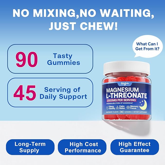 90 Count | Magnesium L-Threonate Gummies 2000mg, Magnesium Threonate Supplement for Adults & Kids, Support Cognition, Restful Sleep & Muscle Health, Sugar Free, Vegan, Non-GMO, Raspberry Flavor