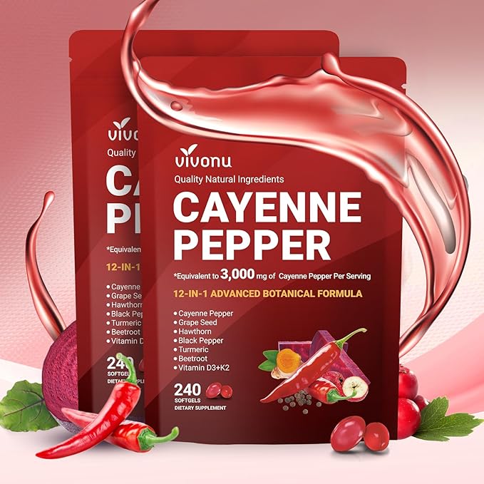 Cayenne Pepper Softgels Supplement, Supports Leg Vein, Heart and Blood Vessel Health, with Vitamin E D3+K2 and Extracts of Grape Seed, Hawthorn, Beetroot, Berberine and Others (Softgels / 2 Bag)