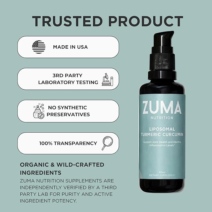 Zuma Nutrition Liposomal Turmeric Curcumin Drops, Vegan Natural Liquid Tonic with Black Pepper Extract for Joint, & Liver Health Support, Herbal Supplement for Men & Women, 60 ML Bottle