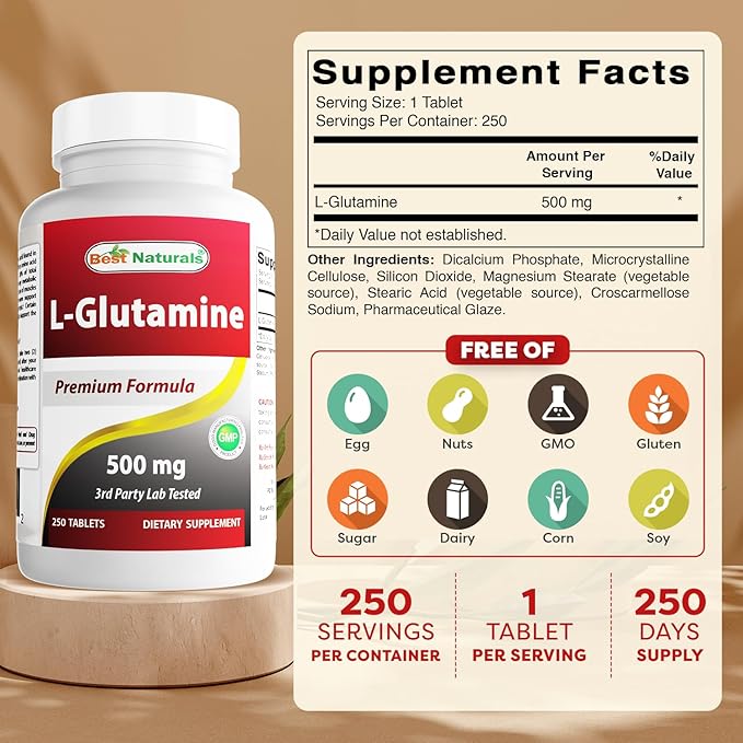 Best Naturals L-Glutamine 500mg, 250 Tablets (250 Count (Pack of 3))