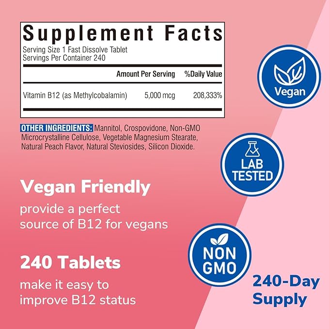 Vitalibre Vitamin B12 Sublingual 5000 mcg, Methylcobalamin, Bioactive Form, High Absorption, Vegan, Natural Peach Flavor, 240 Fast Dissolve Mini Tablets, No Sugar