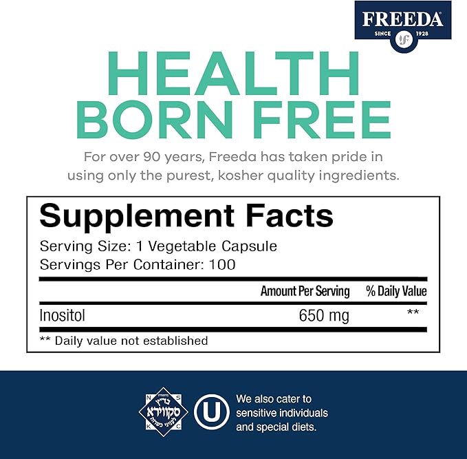 FREEDA Pure Inositol Capsules - 650 mg Inositol Supplement from Myo-Inositol - Mood and Calm Support - Vegetarian and Kosher Certified Vitamin B8 (Inositol) Supplements - Made in USA (100 ct)
