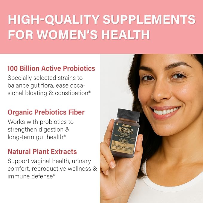 Probiotics for Women – Women’s Probiotic for Digestive, Vaginal, Urinary Health & pH Balance – 100 Billion CFU, 11 Strains with Organic Prebiotics, Cranberry Extract, D-Mannose – Non-GMO, 120 Caps