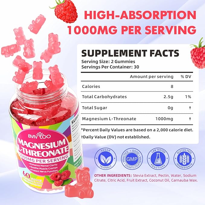 1000mg Magnesium L-Threonate Gummies for Kids & Adults - Muscle & Nervous System Support, Vegan, Sugar-Free Raspberry Flavor, 120 Gummies
