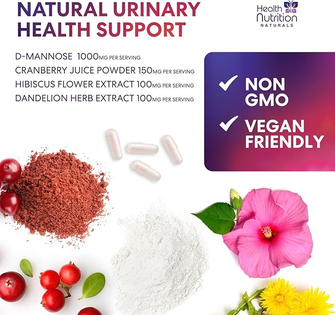 D-Mannose Supplement - 1,000mg D Mannose Per Serving with Cranberry, Hibiscus & Dandelion - Fast-Acting, Natural Urinary & Bladder Support for Women & Men – Flush & Cleanse Impurities – 180 Capsules