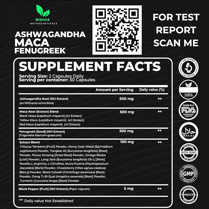 Mishas Nutraceuticals Ashwagandha, Maca Root, Fenugreek Supplement with Ginseng – Supports Stress Relief, Mood Balance & Thyroid Health – 60 Capsules