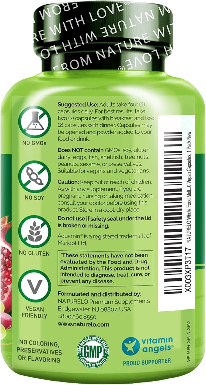 NATURELO Mens Multivitamins - Whole Food Multivitamin for Men with Vitamins, Minerals - 240 Vegetarian Capsules for Energy, Brain, Heart, Eye Health*