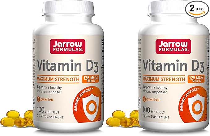 Jarrow Formulas Vitamin D3 125 mcg (5000 IU) - 100 Servings (Softgels) - Bone Health, Immune Support & Calcium Metabolism Support - VitaminD Supplement - 5000 IU VitaminD - Gluten Free, (Pack of 2)