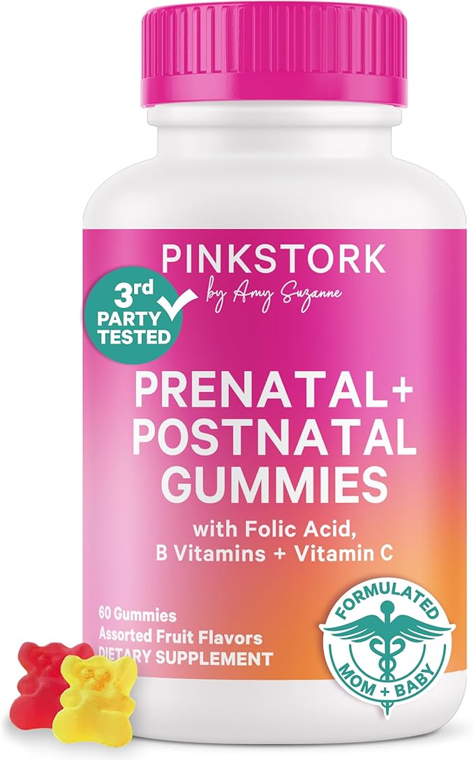 Pink Stork Fertility + Prenatal + Postnatal Gummy Vitamins – Full Motherhood Journey Support – Multivitamin with Folate, B Vitamins, Zinc & Biotin – Postpartum Essentials - 60 Assorted Fruit Gummies