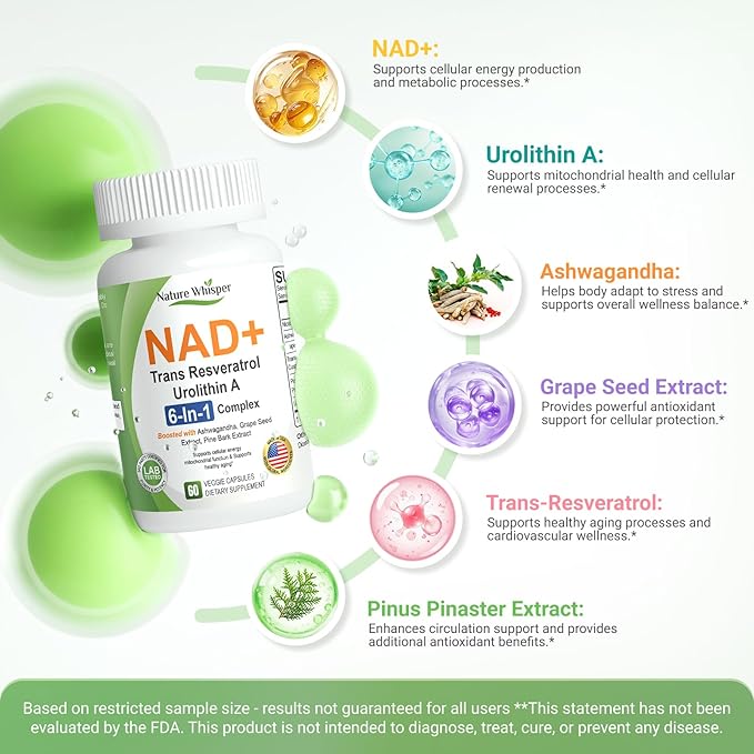 Nature Whisper® NAD+ Supplement 620mg | 6-in-1 Complex with Resveratrol, Ashwagandha & Urolithin A - Daily Energy Stack for Focus, Brain Fog & Healthy Aging - 60 Capsules