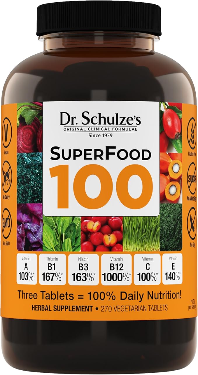 Dr. Schulze's SuperFood 100 - Everyday Superfood Supplement to Support Overall Wellness - Mutivitamin Support for Cellular Nutrition & Energy - Clean Ingredients - Gluten-Free & Dairy-Free - 270 Count