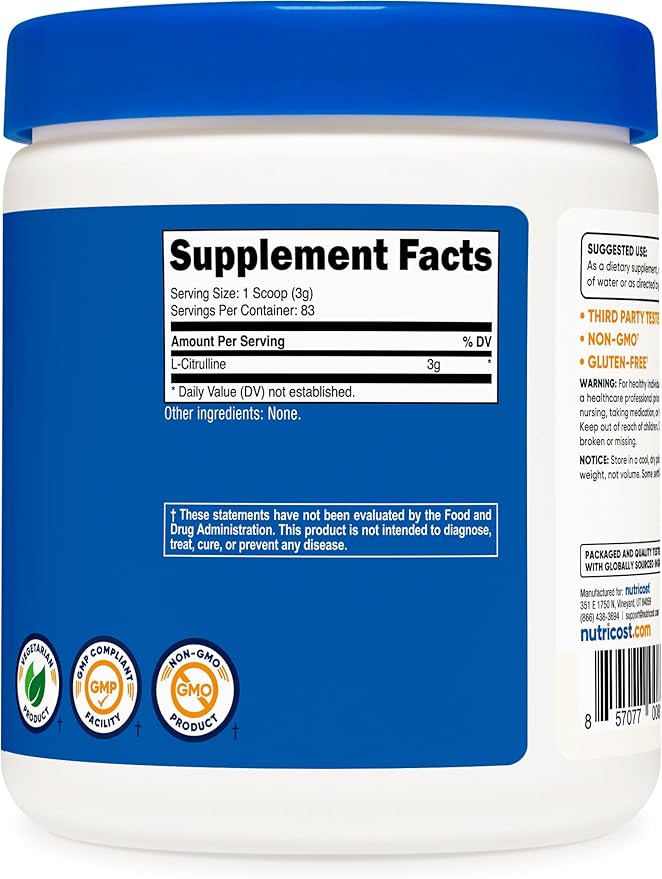 Nutricost Pure L-Citrulline (Base) Powder 250 Grams