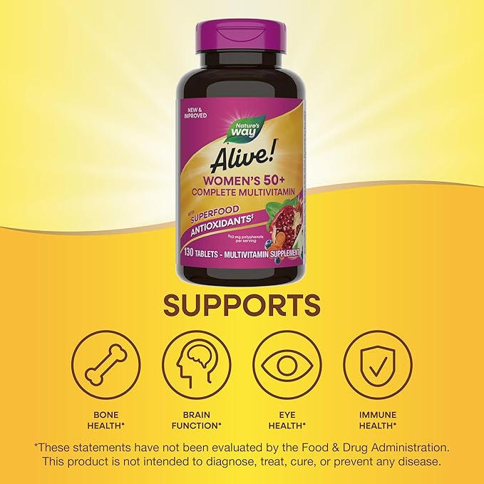 Nature's Way Alive! Women's 50+ Complete Multivitamins, Supports Healthy Heart, Brain, Bones*, Superfood Antioxidants(1), B-Vitamins, Gluten Free, 130 Tablets (Packaging May Vary)